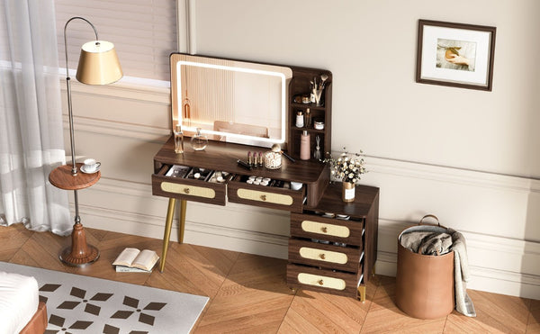 English Elm 47''Vintage Rattan Dressing Table with Lighted Mirror Five Drawers and Open Shelving Brown N733P457533D