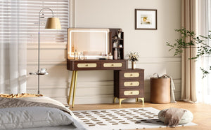 English Elm 47''Vintage Rattan Dressing Table with Lighted Mirror Five Drawers and Open Shelving Brown N733P457533D