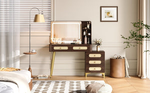 English Elm 47''Vintage Rattan Dressing Table with Lighted Mirror Five Drawers and Open Shelving Brown N733P457533D