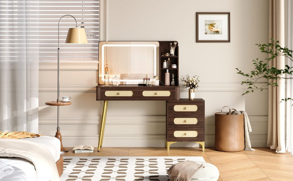 English Elm 47''Vintage Rattan Dressing Table with Lighted Mirror Five Drawers and Open Shelving Brown N733P457533D