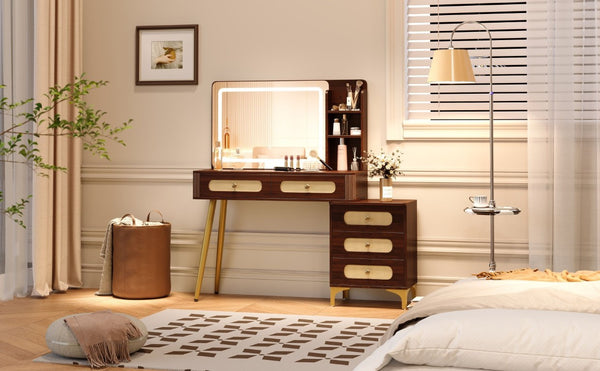 English Elm 47''Vintage Rattan Dressing Table with Lighted Mirror Five Drawers and Open Shelving Brown N733P457533D