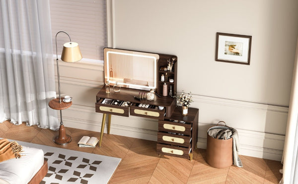 English Elm 47''Vintage Rattan Dressing Table with Lighted Mirror Five Drawers and Open Shelving Brown N733P457533D