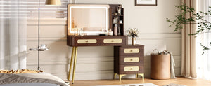 English Elm 47''Vintage Rattan Dressing Table with Lighted Mirror Five Drawers and Open Shelving Brown N733P457533D
