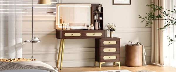 English Elm 47''Vintage Rattan Dressing Table with Lighted Mirror Five Drawers and Open Shelving Brown N733P457533D