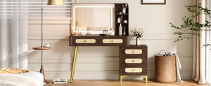 English Elm 47''Vintage Rattan Dressing Table with Lighted Mirror Five Drawers and Open Shelving Brown N733P457533D