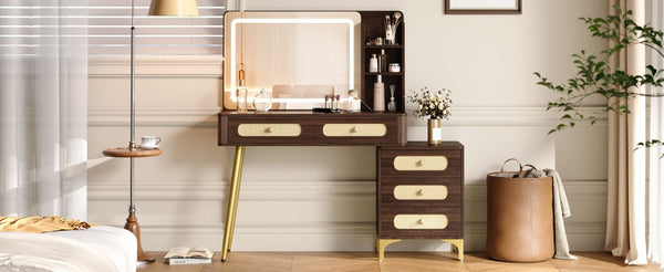 English Elm 47''Vintage Rattan Dressing Table with Lighted Mirror Five Drawers and Open Shelving Brown N733P457533D