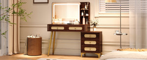 English Elm 47''Vintage Rattan Dressing Table with Lighted Mirror Five Drawers and Open Shelving Brown N733P457533D