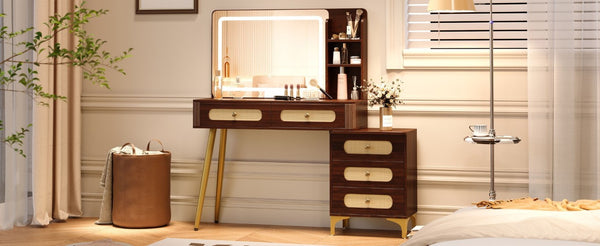 English Elm 47''Vintage Rattan Dressing Table with Lighted Mirror Five Drawers and Open Shelving Brown N733P457533D