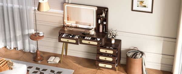 English Elm 47''Vintage Rattan Dressing Table with Lighted Mirror Five Drawers and Open Shelving Brown N733P457533D