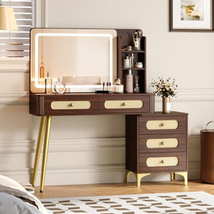 English Elm 47''Vintage Rattan Dressing Table with Lighted Mirror Five Drawers and Open Shelving Brown N733P457533D