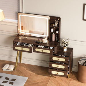 English Elm 47''Vintage Rattan Dressing Table with Lighted Mirror Five Drawers and Open Shelving Brown N733P457533D