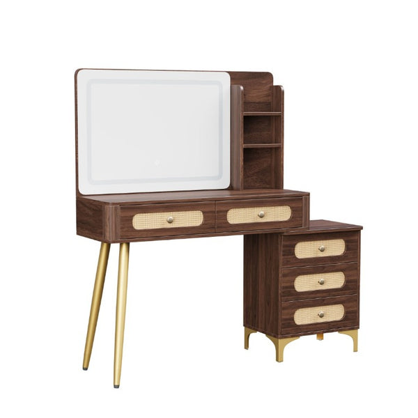 English Elm 47''Vintage Rattan Dressing Table with Lighted Mirror Five Drawers and Open Shelving Brown N733P457533D