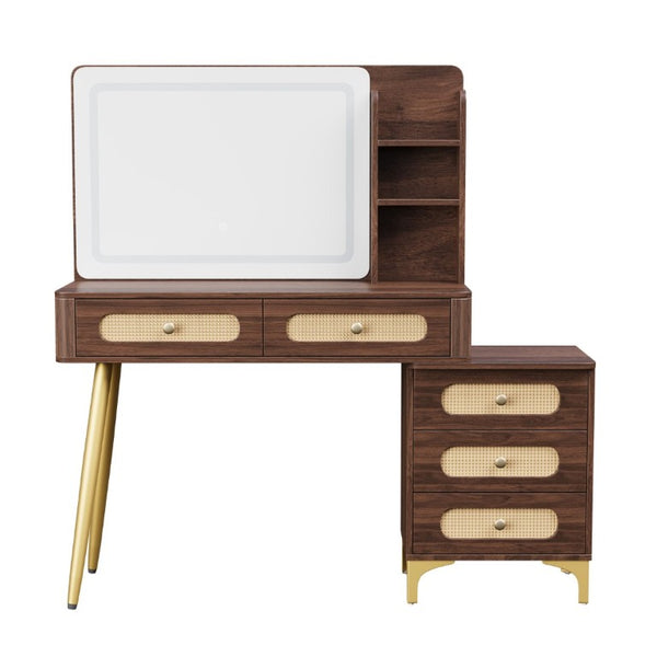 English Elm 47''Vintage Rattan Dressing Table with Lighted Mirror Five Drawers and Open Shelving Brown N733P457533D