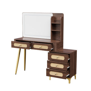 English Elm 47''Vintage Rattan Dressing Table with Lighted Mirror Five Drawers and Open Shelving Brown N733P457533D