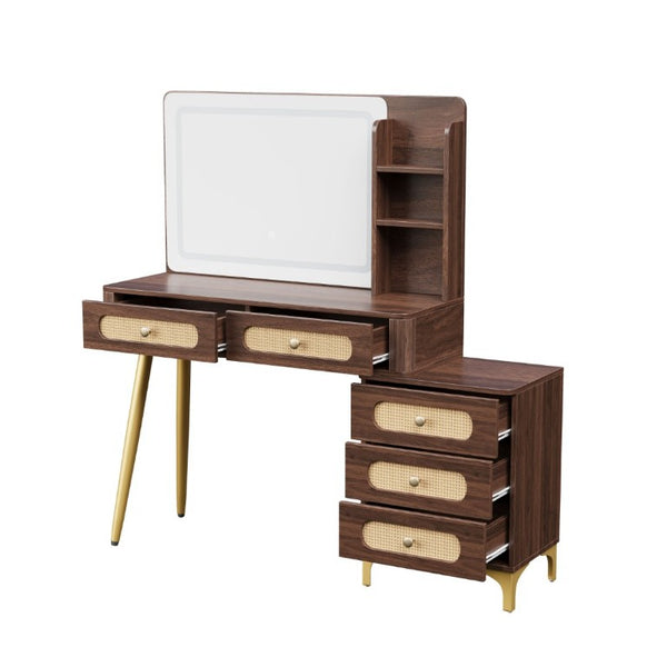 English Elm 47''Vintage Rattan Dressing Table with Lighted Mirror Five Drawers and Open Shelving Brown N733P457533D