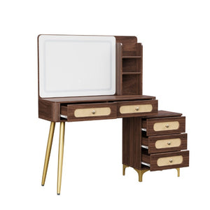 English Elm 47''Vintage Rattan Dressing Table with Lighted Mirror Five Drawers and Open Shelving Brown N733P457533D