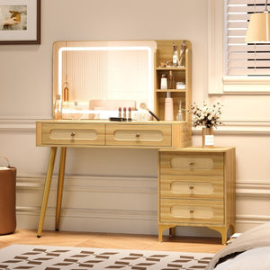English Elm 47''Vintage Rattan Dressing Table with Lighted Mirror Five Drawers and Open Shelving Natural N733P457533M