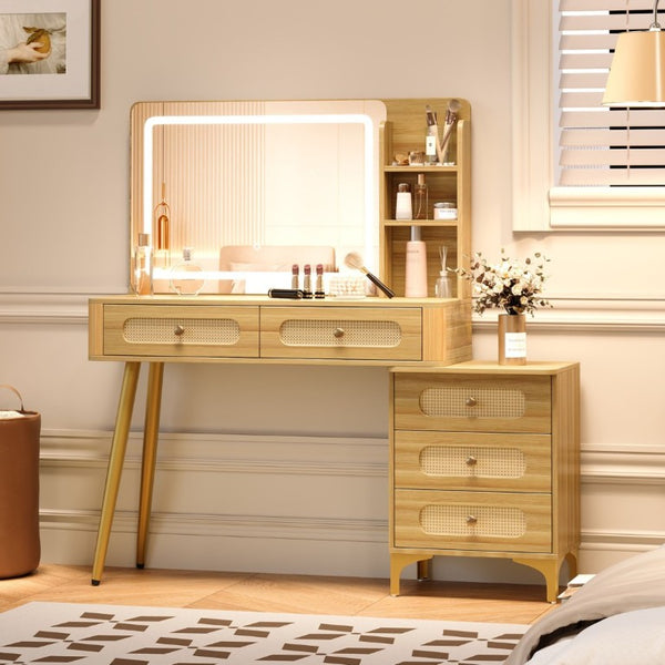 English Elm 47''Vintage Rattan Dressing Table with Lighted Mirror Five Drawers and Open Shelving Natural N733P457533M