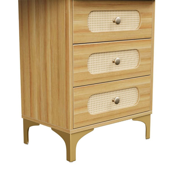 English Elm 47''Vintage Rattan Dressing Table with Lighted Mirror Five Drawers and Open Shelving Natural N733P457533M