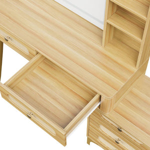 English Elm 47''Vintage Rattan Dressing Table with Lighted Mirror Five Drawers and Open Shelving Natural N733P457533M