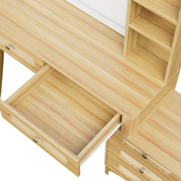 English Elm 47''Vintage Rattan Dressing Table with Lighted Mirror Five Drawers and Open Shelving Natural N733P457533M