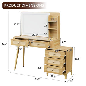 English Elm 47''Vintage Rattan Dressing Table with Lighted Mirror Five Drawers and Open Shelving Natural N733P457533M