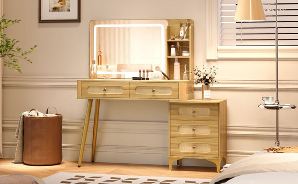 English Elm 47''Vintage Rattan Dressing Table with Lighted Mirror Five Drawers and Open Shelving Natural N733P457533M