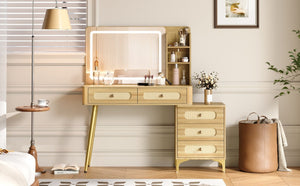 English Elm 47''Vintage Rattan Dressing Table with Lighted Mirror Five Drawers and Open Shelving Natural N733P457533M