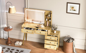 English Elm 47''Vintage Rattan Dressing Table with Lighted Mirror Five Drawers and Open Shelving Natural N733P457533M