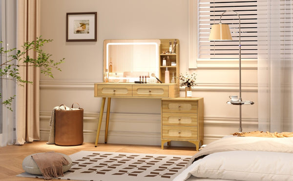 English Elm 47''Vintage Rattan Dressing Table with Lighted Mirror Five Drawers and Open Shelving Natural N733P457533M