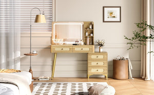 English Elm 47''Vintage Rattan Dressing Table with Lighted Mirror Five Drawers and Open Shelving Natural N733P457533M