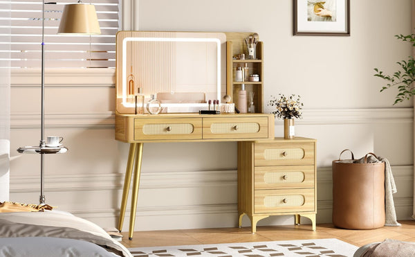 English Elm 47''Vintage Rattan Dressing Table with Lighted Mirror Five Drawers and Open Shelving Natural N733P457533M