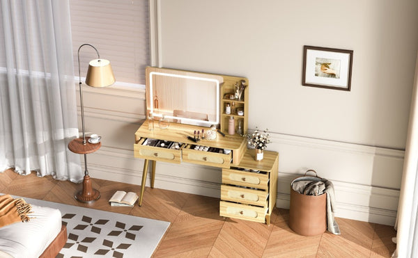 English Elm 47''Vintage Rattan Dressing Table with Lighted Mirror Five Drawers and Open Shelving Natural N733P457533M