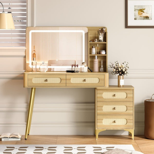 English Elm 47''Vintage Rattan Dressing Table with Lighted Mirror Five Drawers and Open Shelving Natural N733P457533M