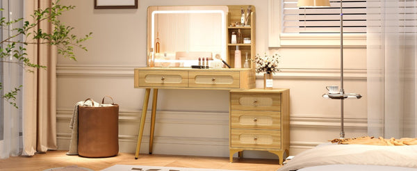 English Elm 47''Vintage Rattan Dressing Table with Lighted Mirror Five Drawers and Open Shelving Natural N733P457533M