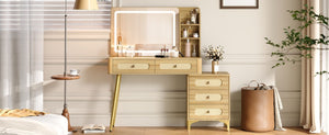 English Elm 47''Vintage Rattan Dressing Table with Lighted Mirror Five Drawers and Open Shelving Natural N733P457533M