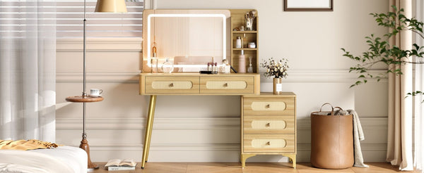 English Elm 47''Vintage Rattan Dressing Table with Lighted Mirror Five Drawers and Open Shelving Natural N733P457533M
