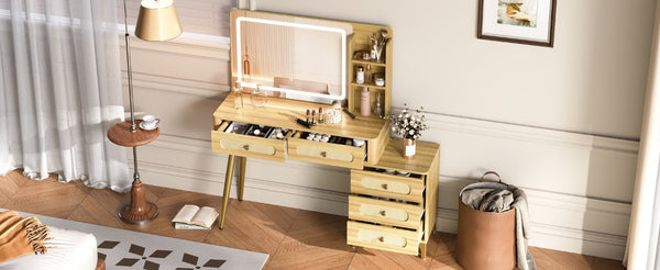 English Elm 47''Vintage Rattan Dressing Table with Lighted Mirror Five Drawers and Open Shelving Natural N733P457533M