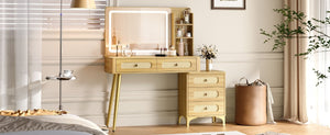 English Elm 47''Vintage Rattan Dressing Table with Lighted Mirror Five Drawers and Open Shelving Natural N733P457533M