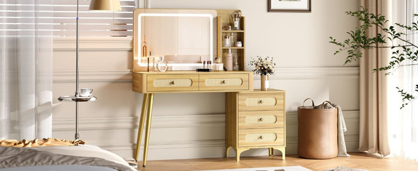 English Elm 47''Vintage Rattan Dressing Table with Lighted Mirror Five Drawers and Open Shelving Natural N733P457533M
