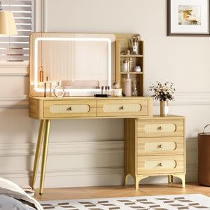 English Elm 47''Vintage Rattan Dressing Table with Lighted Mirror Five Drawers and Open Shelving Natural N733P457533M