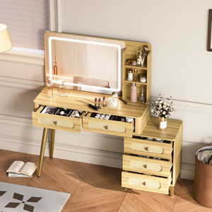 English Elm 47''Vintage Rattan Dressing Table with Lighted Mirror Five Drawers and Open Shelving Natural N733P457533M