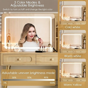 English Elm 47''Vintage Rattan Dressing Table with Lighted Mirror Five Drawers and Open Shelving Natural N733P457533M