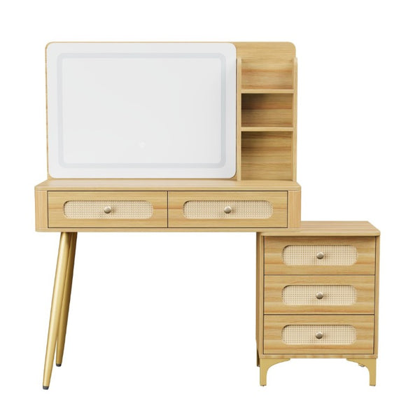 English Elm 47''Vintage Rattan Dressing Table with Lighted Mirror Five Drawers and Open Shelving Natural N733P457533M