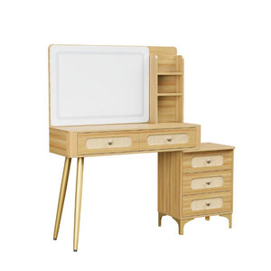 English Elm 47''Vintage Rattan Dressing Table with Lighted Mirror Five Drawers and Open Shelving Natural N733P457533M