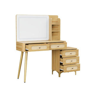 English Elm 47''Vintage Rattan Dressing Table with Lighted Mirror Five Drawers and Open Shelving Natural N733P457533M
