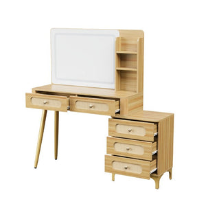 English Elm 47''Vintage Rattan Dressing Table with Lighted Mirror Five Drawers and Open Shelving Natural N733P457533M