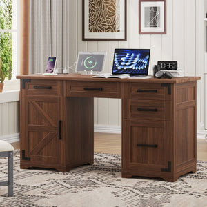 English Elm 55 Inch Farmhouse Executive Desk with Built-In Charging Station Five Drawers and Barn Cabinet Walnut N733P458434D