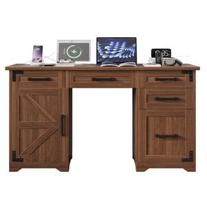 English Elm 55 Inch Farmhouse Executive Desk with Built-In Charging Station Five Drawers and Barn Cabinet Walnut N733P458434D