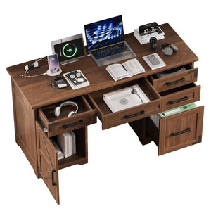 English Elm 55 Inch Farmhouse Executive Desk with Built-In Charging Station Five Drawers and Barn Cabinet Walnut N733P458434D
